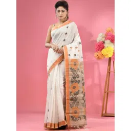 CHARUKRITI White Cotton Woven Saree With Unstitched Blouse-picture-30