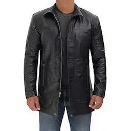 CHAVA Men's Black Leather Car Coat, Button Front Closure, Side Pockets, Long Length-picture-51