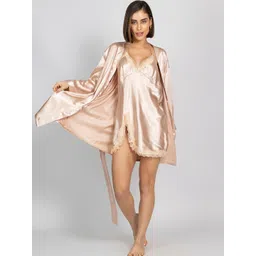 Chelvet Lace Halter Neck Satin Nightdress with Robe-picture-21
