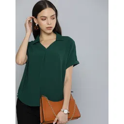 Chemistry Green Solid Shirt Collar With Extended Shoulders Boxy Fit Top-picture-14