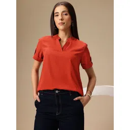 Chemistry Mandarin Collar Roll-Up Sleeves Top-picture-24