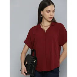 Chemistry Maroon Solid Shirt Collar Raglan Sleeves Gathered or Pleated Regular Top-picture-37
