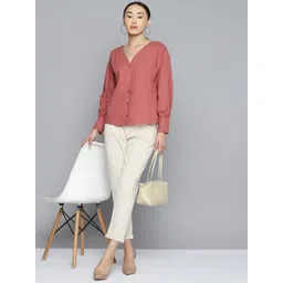 Chemistry Ruched Detailed V-Neck Puff Sleeves Pure Cotton Top-picture-20