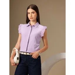 Chemistry Schiffli Embroidered Detail Flutter Sleeves Pure Cotton Shirt Style Top-picture-37