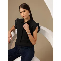 Chemistry Schiffli Embroidered Detail Flutter Sleeves Pure Cotton Shirt Style Top-picture-10