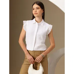 Chemistry Schiffli Embroidered Detail Flutter Sleeves Pure Cotton Shirt Style Top-picture-38