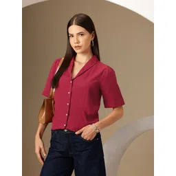 Chemistry Solid Shawl Collar Shirt Style Top-picture-32