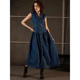 Chemistry Solid Shirt Collar Denim Maxi Dress-picture-24