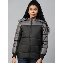 Chemistry Women Black & Charcoal Grey Colourblocked Detachable Hooded Padded Jacket-picture-21