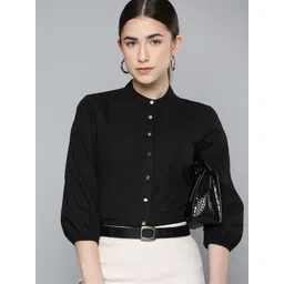 Chemistry Women Black Pure Cotton Solid Puff Sleeves Formal Shirt-picture-30
