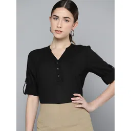 Chemistry Women Black Solid Pure Cotton Mandarin Collar Top-picture-24