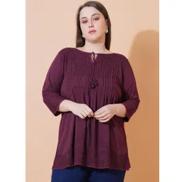 Cherimoda Plus Size Ethnic Motifs Embroidered Tie-Up Neck Top-picture-40