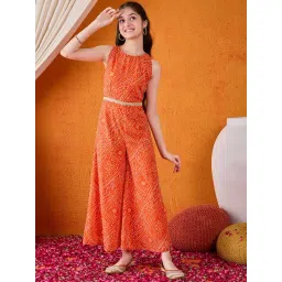 Cherry & Jerry Girls Orange Round Neck Lace Frills Bows and Ruffles Full Length Jumpsuit-picture-40
