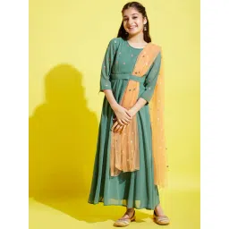 Cherry & Jerry Girls Sea Green Ethnic Motifs Maxi Dress-picture-25