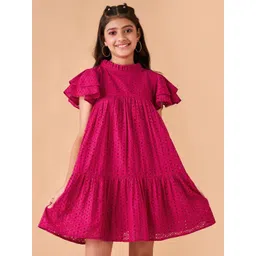 Cherry & Jerry Girls Self Design Tiered Flutter Sleeved Cotton Schiffli A-Line Dress-picture-46
