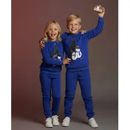 Cherry Crumble By Nitt Hyman Christmas Theme Knit Full Sleeves Snowman Applique Detailed Unisex Night Suit Set - Blue-picture-25