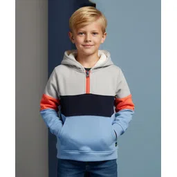 Cherry Crumble By Nitt Hyman Cotton Blend Knit Full Sleeves Colour Blocked Light Winter Hooded Sweatshirt -Blue-picture-24