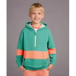 Cherry Crumble By Nitt Hyman Cotton Blend Knit Full Sleeves Colour Blocked Winter Hooded Sweatshirt - Green Coral-picture-23