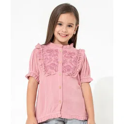Cherry Crumble By Nitt Hyman Cotton Woven Half Peasant Sleeves Floral Embroidered Frill Detailed Top - Pink-picture-10