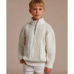 Cherry Crumble By Nitt Hyman Full Sleeves Cable Knit High Neck Unisex Winter Sweater - Cream-picture-35