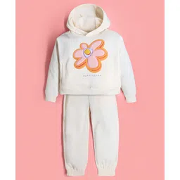 Cherry Crumble By Nitt Hyman Full Sleeves Floral Patch Embroidered Hooded Sweatshirt & Pajama Set - Cream-picture-12