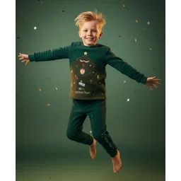 Cherry Crumble By Nitt Hyman Knit Christmas Theme Full Sleeves Christmas Tree Embroidered Winter Night Suit Set - Bottel Green-picture-31