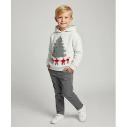 Cherry Crumble By Nitt Hyman Knit Christmas Theme Full Sleeves Tree & Santa Claus Patch Detailed Light Winter Unisex Hooded Sweatshirt -White-picture-27