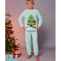 Cherry Crumble By Nitt Hyman Knit Full Sleeves Animals & Tree Patch Detailed Winter Night Suit Set - Mint-picture-22