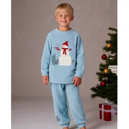 Cherry Crumble By Nitt Hyman Knit Full Sleeves Snowman Patch Detailed Winter Night Suit Set - Sky Blue-picture-34