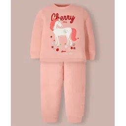 Cherry Crumble By Nitt Hyman Knit Full Sleeves Unicorn & Floral Patch Detailed Unisex Winter Night Suit Set - Peach-picture-36