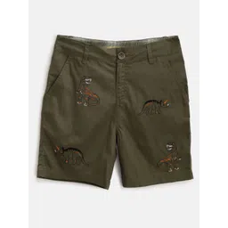 Cherry Crumble Boys Olive Green Dinosaur Embroidered Regular Fit Chino Shorts-picture-23