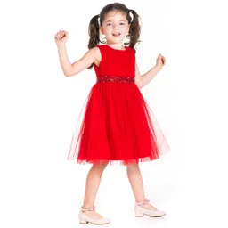Cherry Crumble Girls Red Net Solid Fit & Flare Dress with Sequinned Detail-picture-16