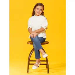 Cherry Crumble Girls White Cotton 3/4th Sleeve Schiffli Puffy Slayer Top-picture-40