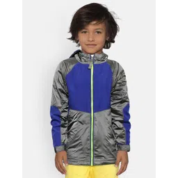 Cherry Crumble Kids Charcoal Grey & Blue Colourblocked Lightweight Hooded Tailored Jacket-picture-27