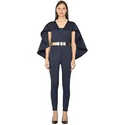 chhamakk - follow our vogue Chhamakk Elegant Cape Sleeve Jumpsuit with Gold Metal Belt, Navy Blue, V-Neck, Fitted Design (IN, Alpha, M, Regular, Navy Blue)-picture-10