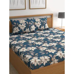 CHHAVI INDIA 210 TC Blue & White Floral Queen Bedsheet with 2 Pillow Covers-picture-11