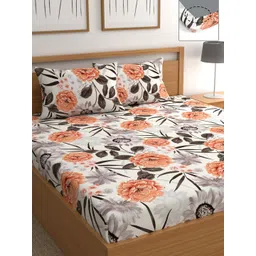 CHHAVI INDIA 210 TC White & Orange Floral Queen Bedsheet with 2 Pillow Covers-picture-17