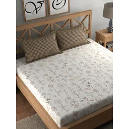 CHHAVI INDIA Brown & White Floral Microfiber 210 TC King Bedsheet with 2 Pillow Covers-picture-32