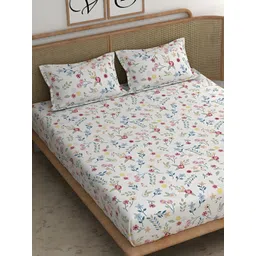 CHHAVI INDIA White & Blue Floral Microfiber 210 TC King Bedsheet with 2 Pillow Covers-picture-22