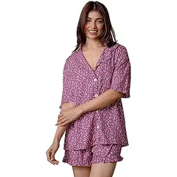 chhooze Cotton Nightwear Set for Women | Premium Cute 2 Pcs Abstract Print Shirt & Shorts Combo | Sleepwear for Girls & Ladies | Shirt and Shorts | Comfortable & Stylish | Purple-picture-25