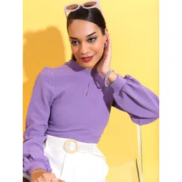 CHIC BY TOKYO TALKIES Purple High Neck Cuff Sleeves Back Tie-Up Crop Top-picture-23