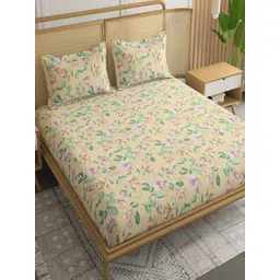 CHICERY Beige & Green Printed Pure Cotton 210 TC Super King Bedsheet Set 2.7 m x 2.7 m-picture-20