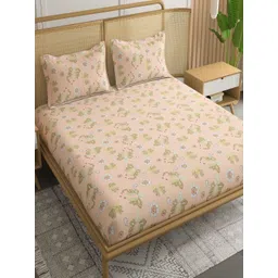 CHICERY Peach & Green Printed Pure Cotton 210 TC Super King Bedsheet Set 2.7 m x 2.7 m-picture-19