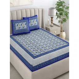CHICERY White & Blue Floral 210 TC King Bedsheet with 2 Pillow Covers-image-44