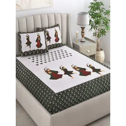 CHICERY White & Green Ethnic Motifs 210 TC King Bedsheet with 2 Pillow Covers-image-45