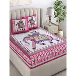 CHICERY White & Pink Ethnic Motifs 210 TC King Bedsheet with 2 Pillow Covers-image-43