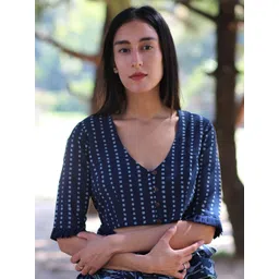 Chidiyaa Blue Block-Printed Frills Cotton Saree Blouse image 1