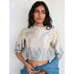 Chidiyaa Cream & Blue Block Printed Blouse-picture-30