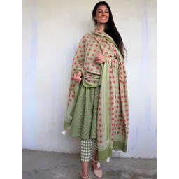 Chidiyaa Green & Red Printed Pure Cotton Foil Print Dupatta-picture-26