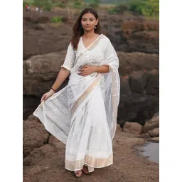 Chidiyaa Ivory Cloudberry Kota Doria Block Printed Saree-picture-28